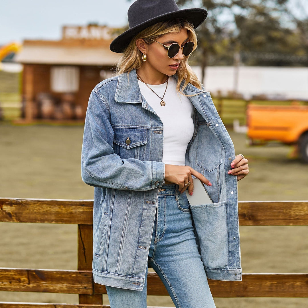 Damen Weinlese Lange Jeansjacke | Knopf Daunen