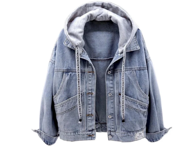 Damen Knopf Daunen Jeansjacke | Kapuze