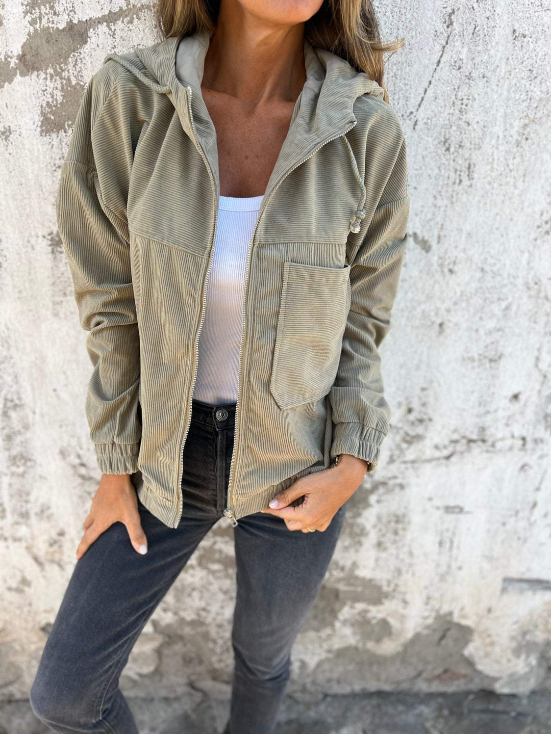 Damen Lässige Kapuzen Cord jacke | Reißverschluss
