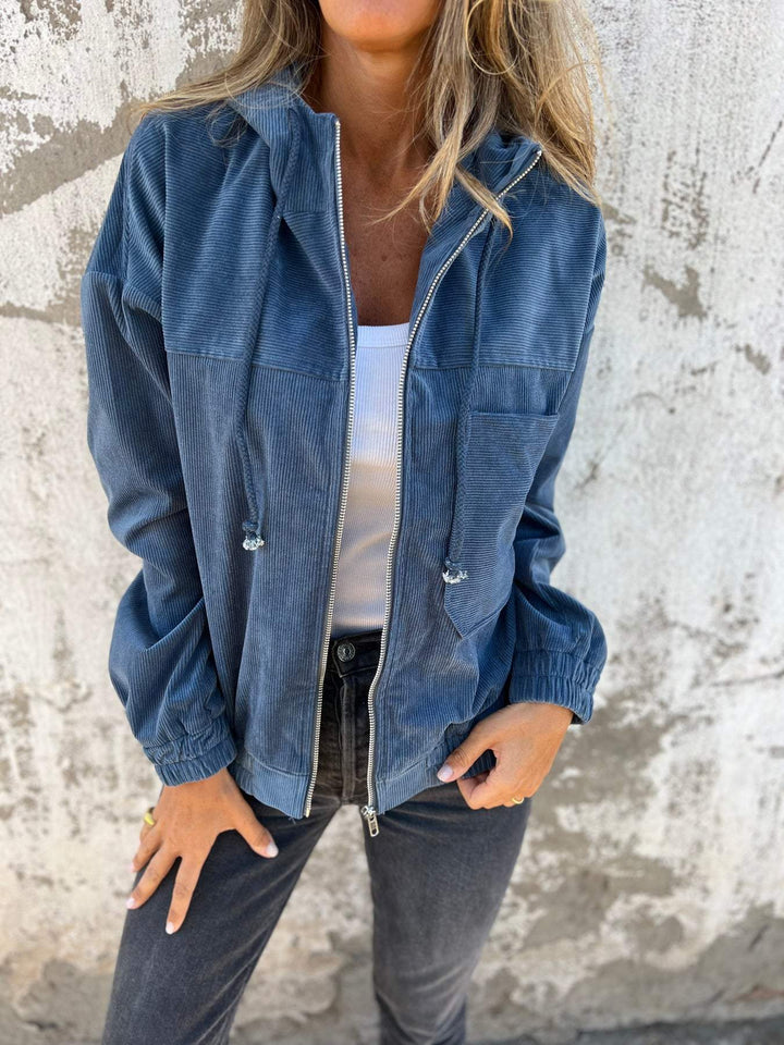 Damen Lässige Kapuzen Cord jacke | Reißverschluss