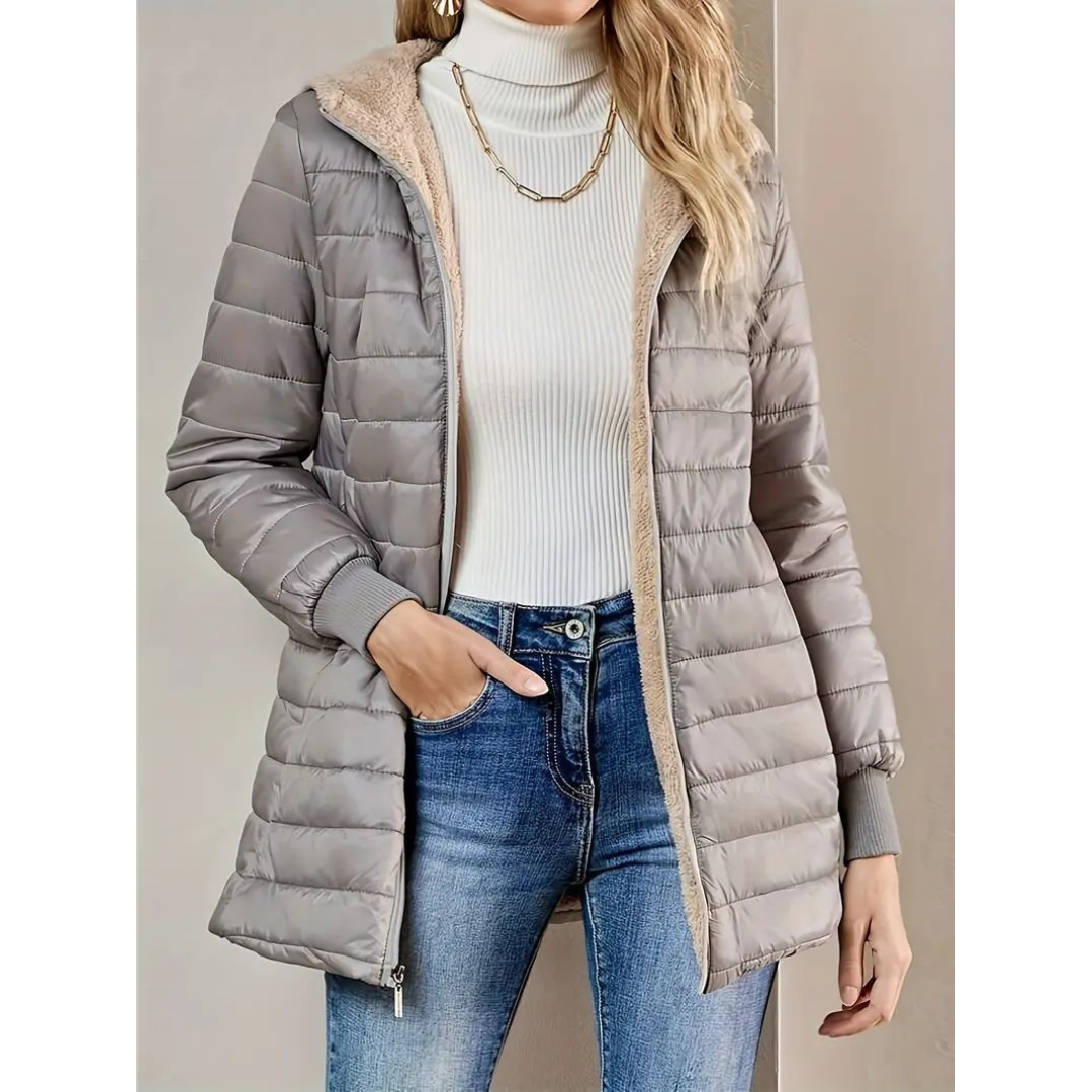 Damen Lange Stilvoll Puffer Jacke | Reißverschluß