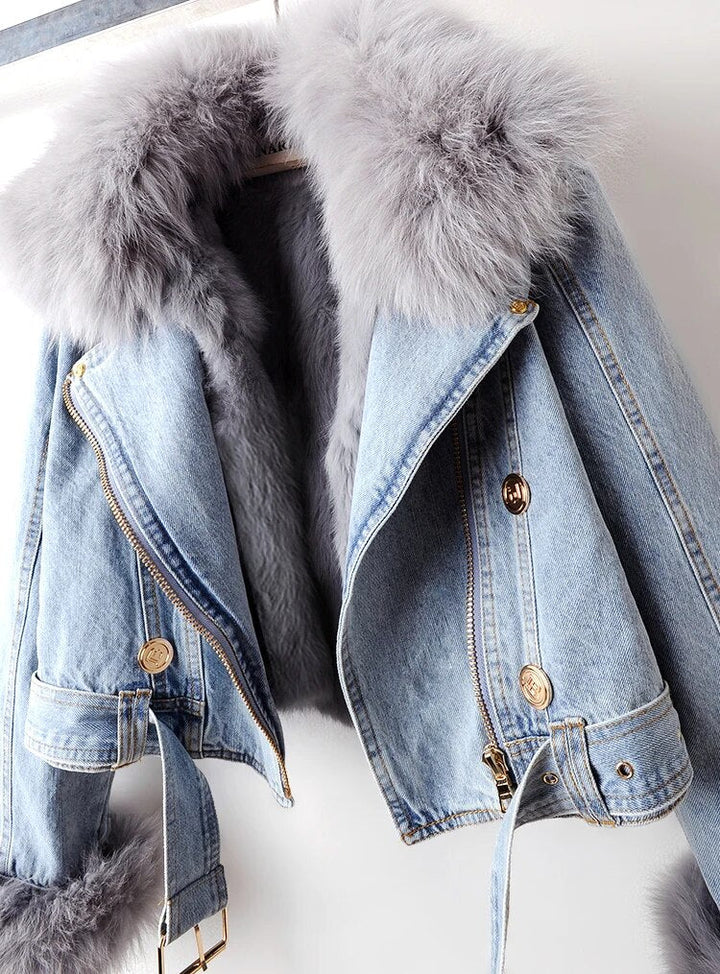Damen Kurze Jeansjacke mit Reißverschluss | Kapuze
