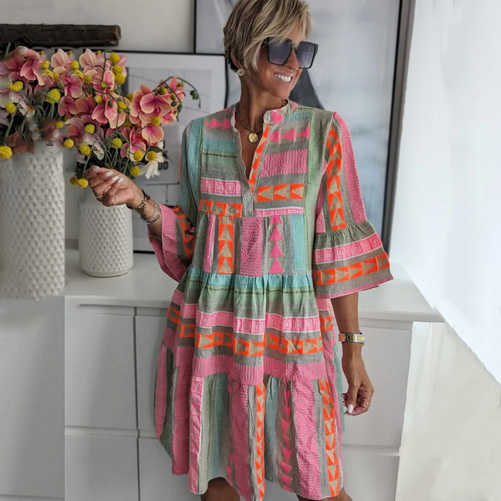 Damen Boho Geometrisches Kleid mit Ausgestellten Ärmeln | Mini