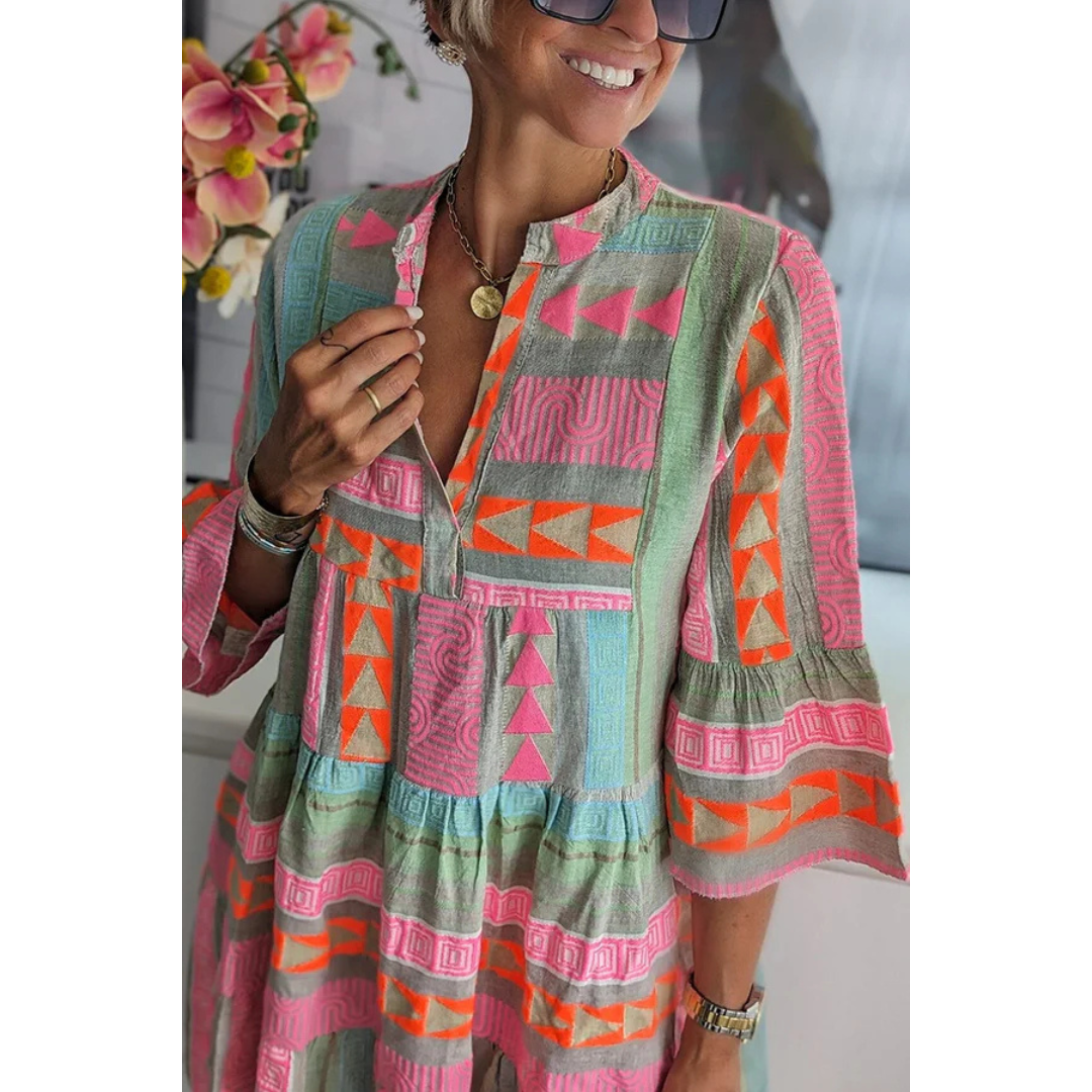 Damen Boho Geometrisches Kleid mit Ausgestellten Ärmeln | Mini