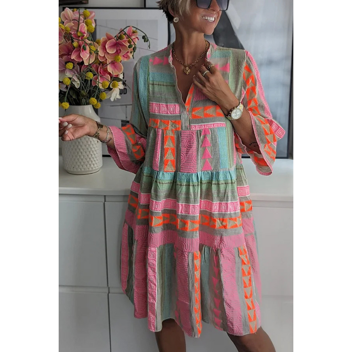 Damen Boho Geometrisches Kleid mit Ausgestellten Ärmeln | Mini