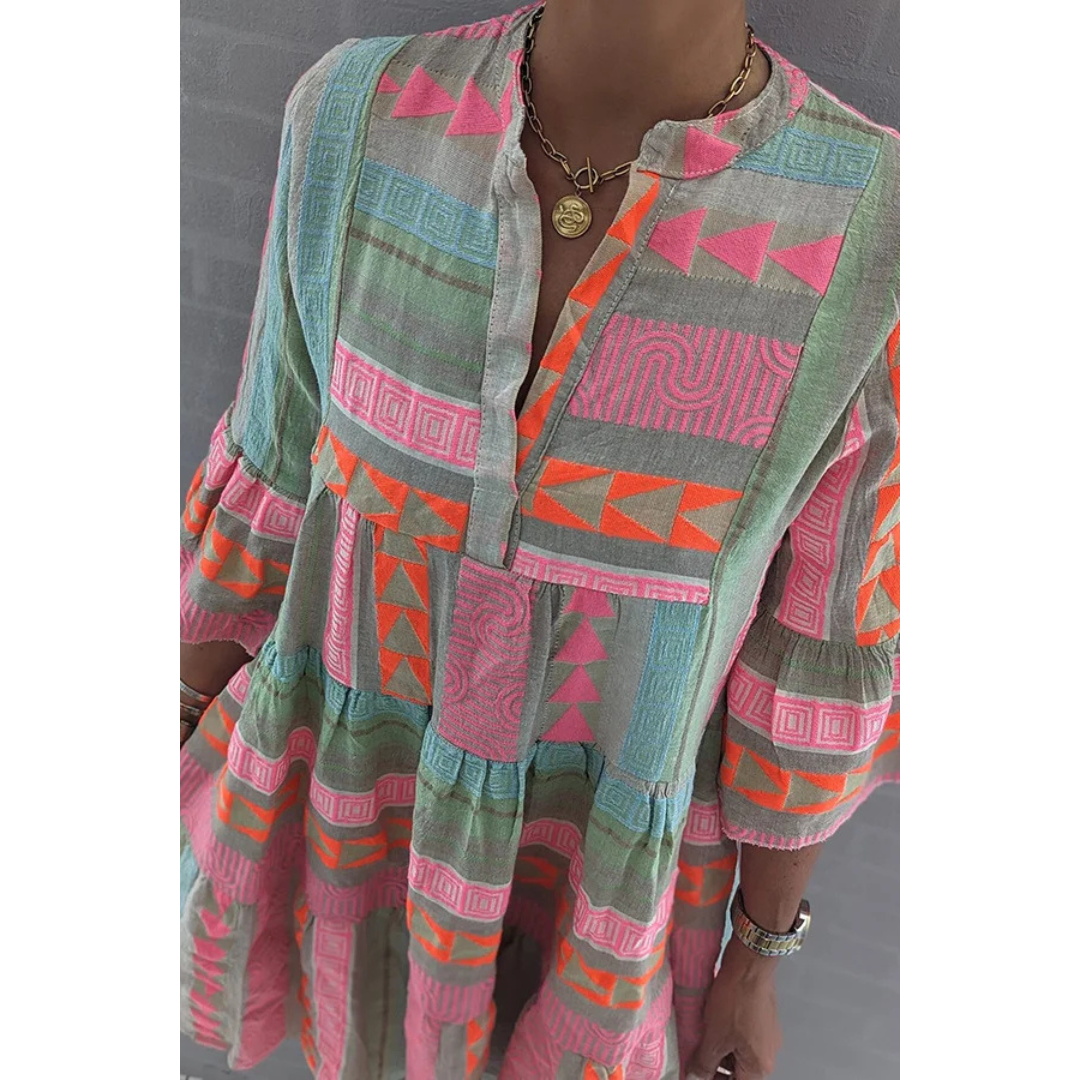 Damen Boho Geometrisches Kleid mit Ausgestellten Ärmeln | Mini