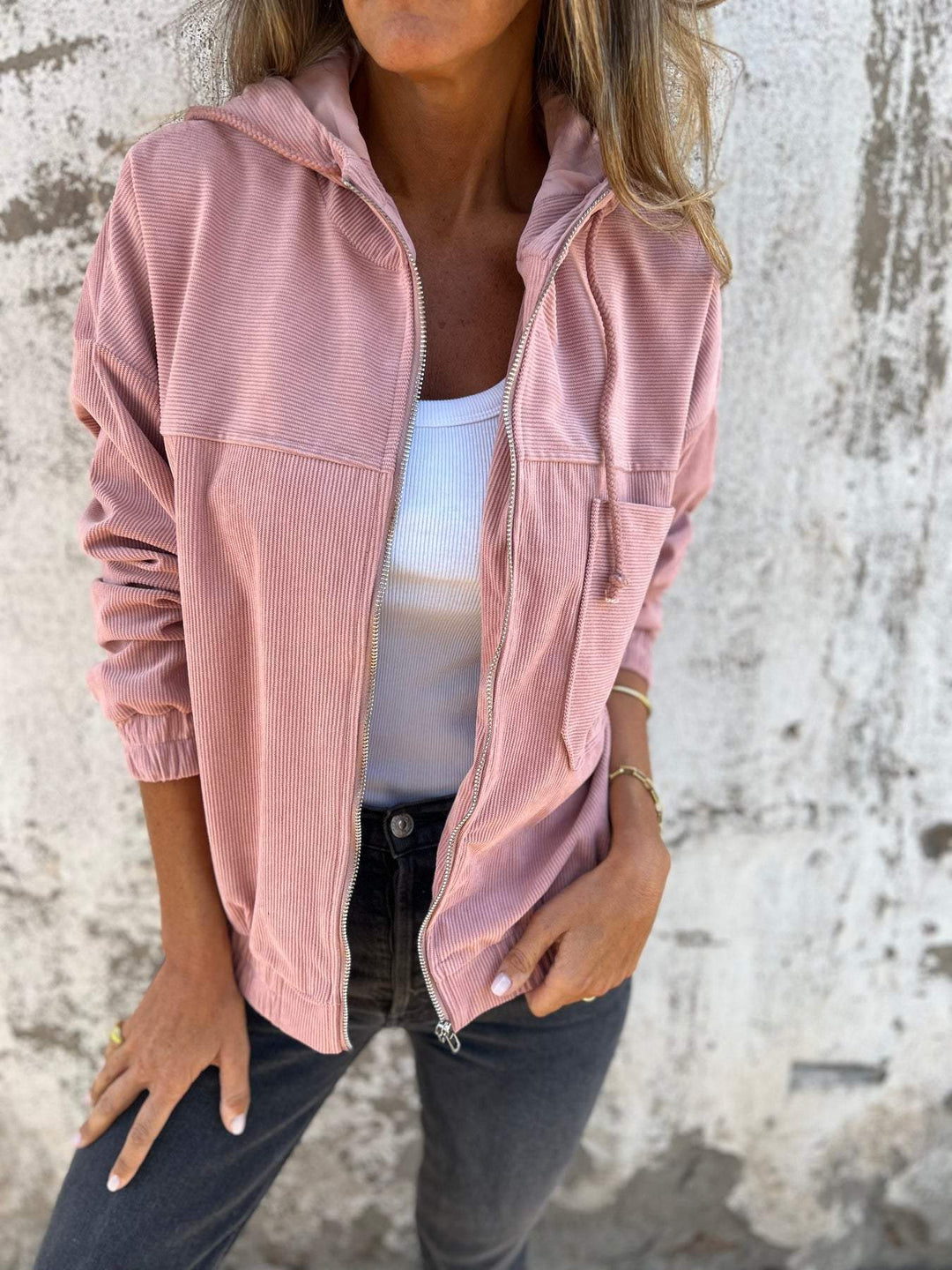 Damen Lässige Kapuzen Cord jacke | Reißverschluss