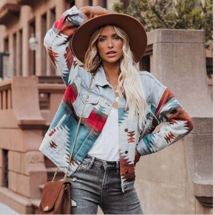 Damen Jeansjacke mit Aztekenmuster | Vordertaschen