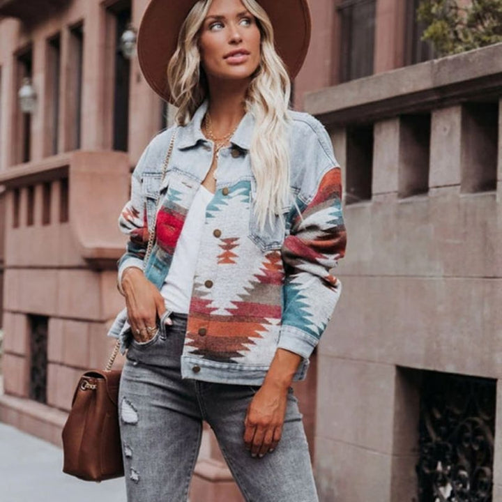 Damen Jeansjacke mit Aztekenmuster | Vordertaschen