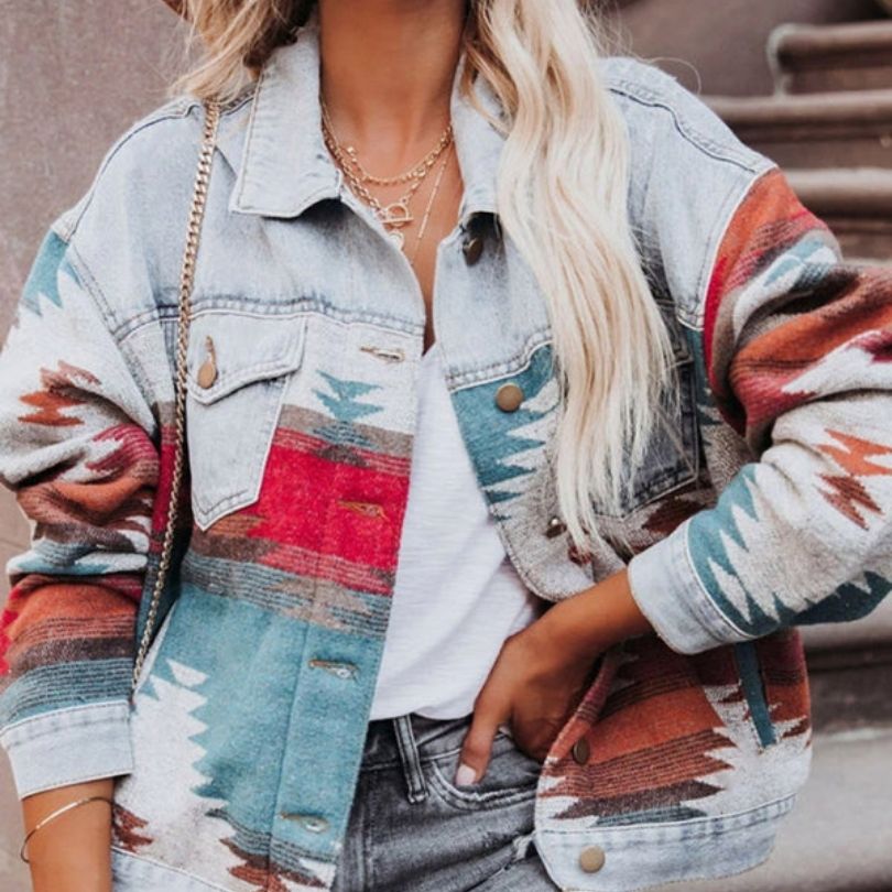 Damen Jeansjacke mit Aztekenmuster | Vordertaschen