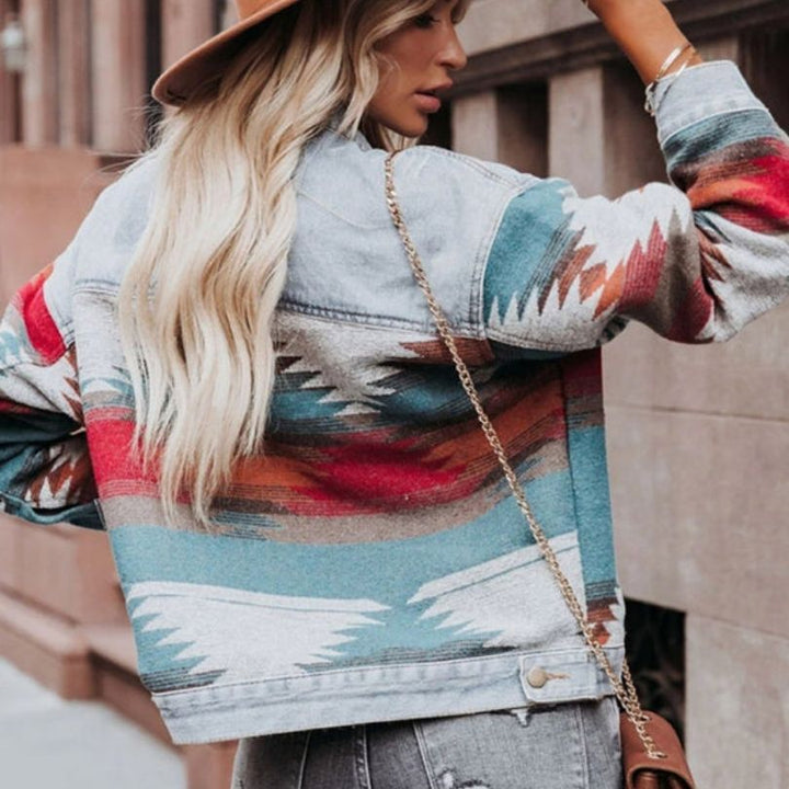 Damen Jeansjacke mit Aztekenmuster | Vordertaschen
