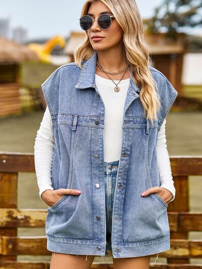 Damen Knopfleiste vorne ärmellose Jeansweste | Lange