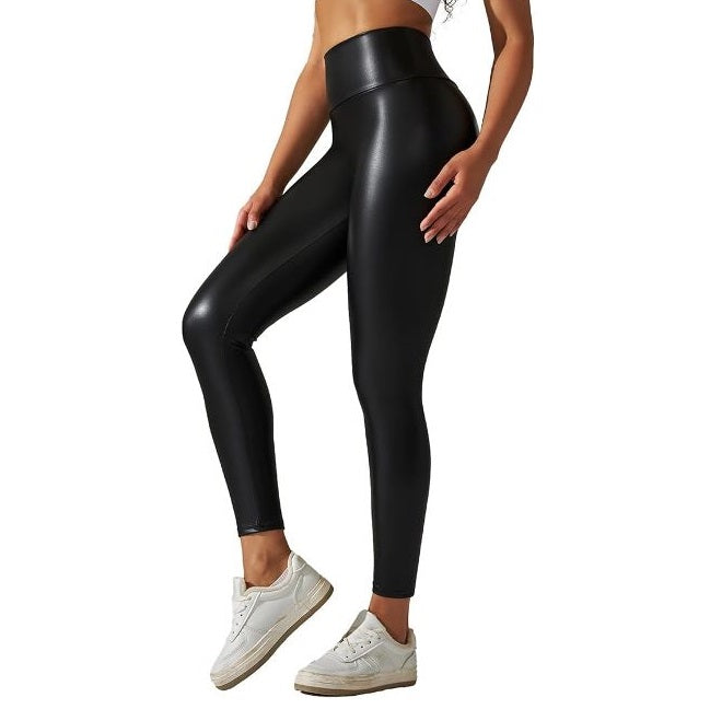 Dehnbare high-waist-leggings im lederlook für damen
