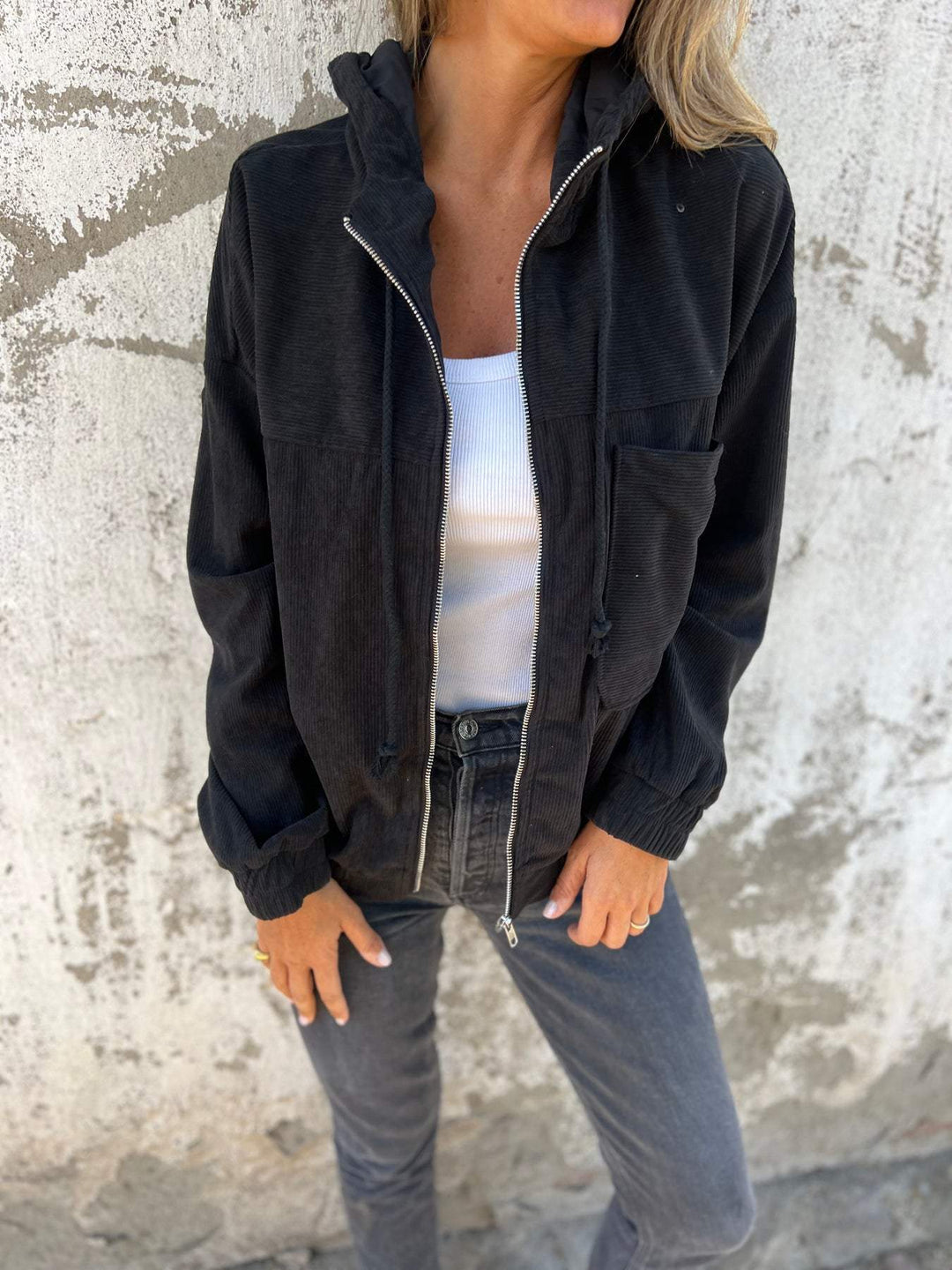Damen Lässige Kapuzen Cord jacke | Reißverschluss