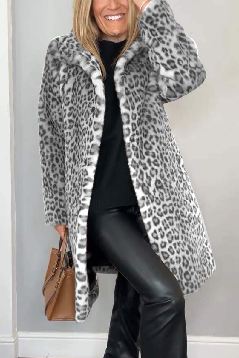 Leopardenmuster Felljacke mit Revers für Damen | Lässig