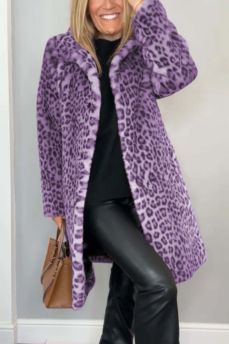 Leopardenmuster Felljacke mit Revers für Damen | Lässig