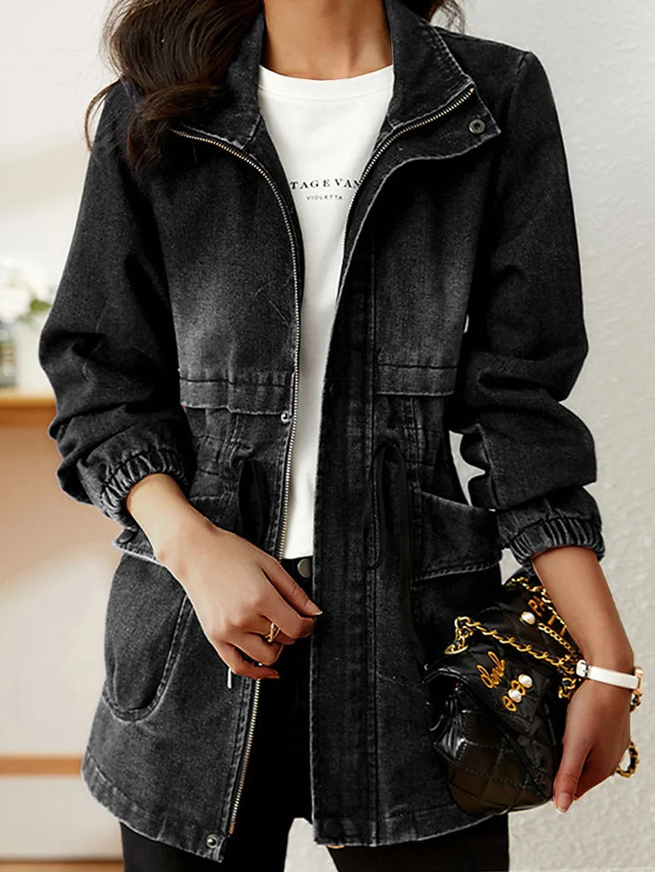 Damen Lange Jeansjacke | Reißverschluss
