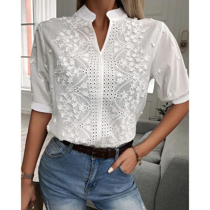 Damen Elegante Kurzen Ärmeln Bluse | Bestickt