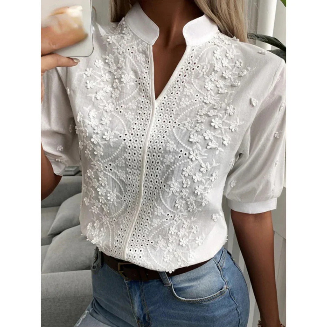 Damen Elegante Kurzen Ärmeln Bluse | Bestickt