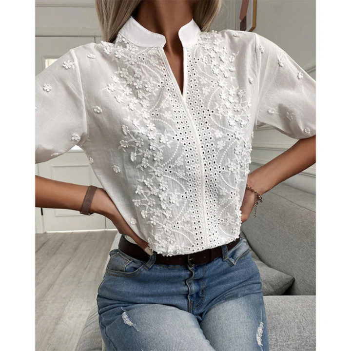 Damen Elegante Kurzen Ärmeln Bluse | Bestickt