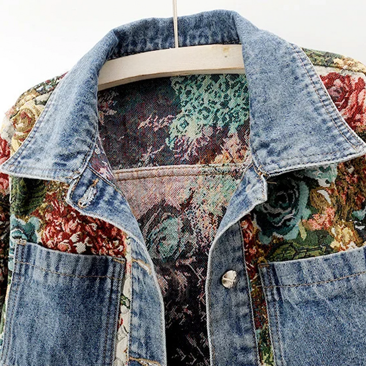 Damen Kurze Knopf Daunen Jeansjacke | Blumenmuster