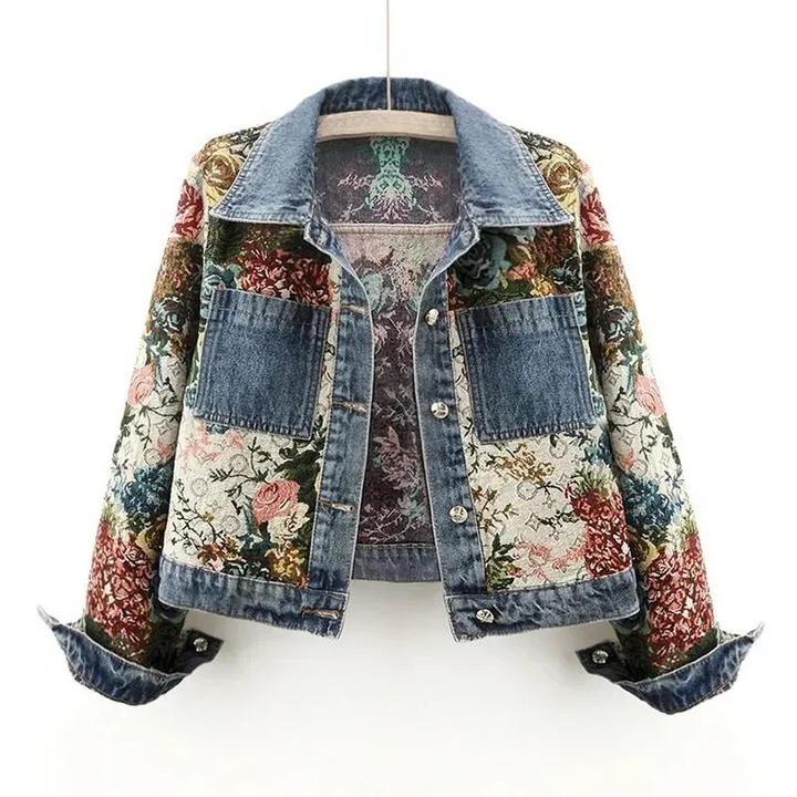 Damen Kurze Knopf Daunen Jeansjacke | Blumenmuster