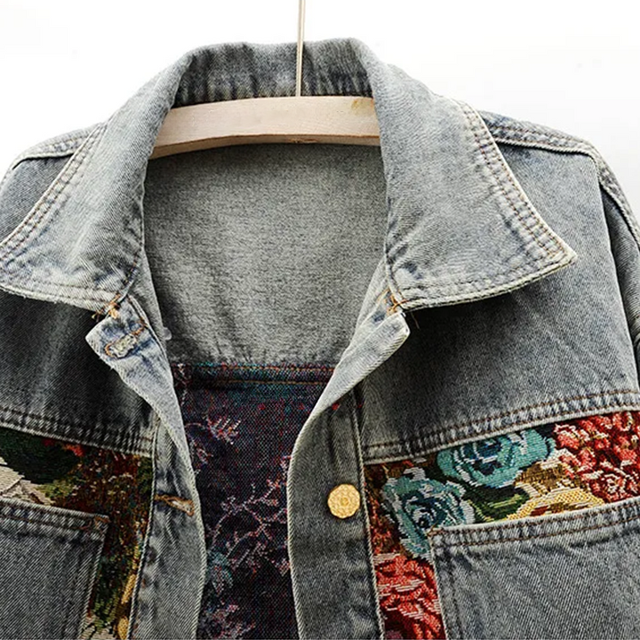 Damen Kurze Knopf Daunen Jeansjacke | Blumenmuster