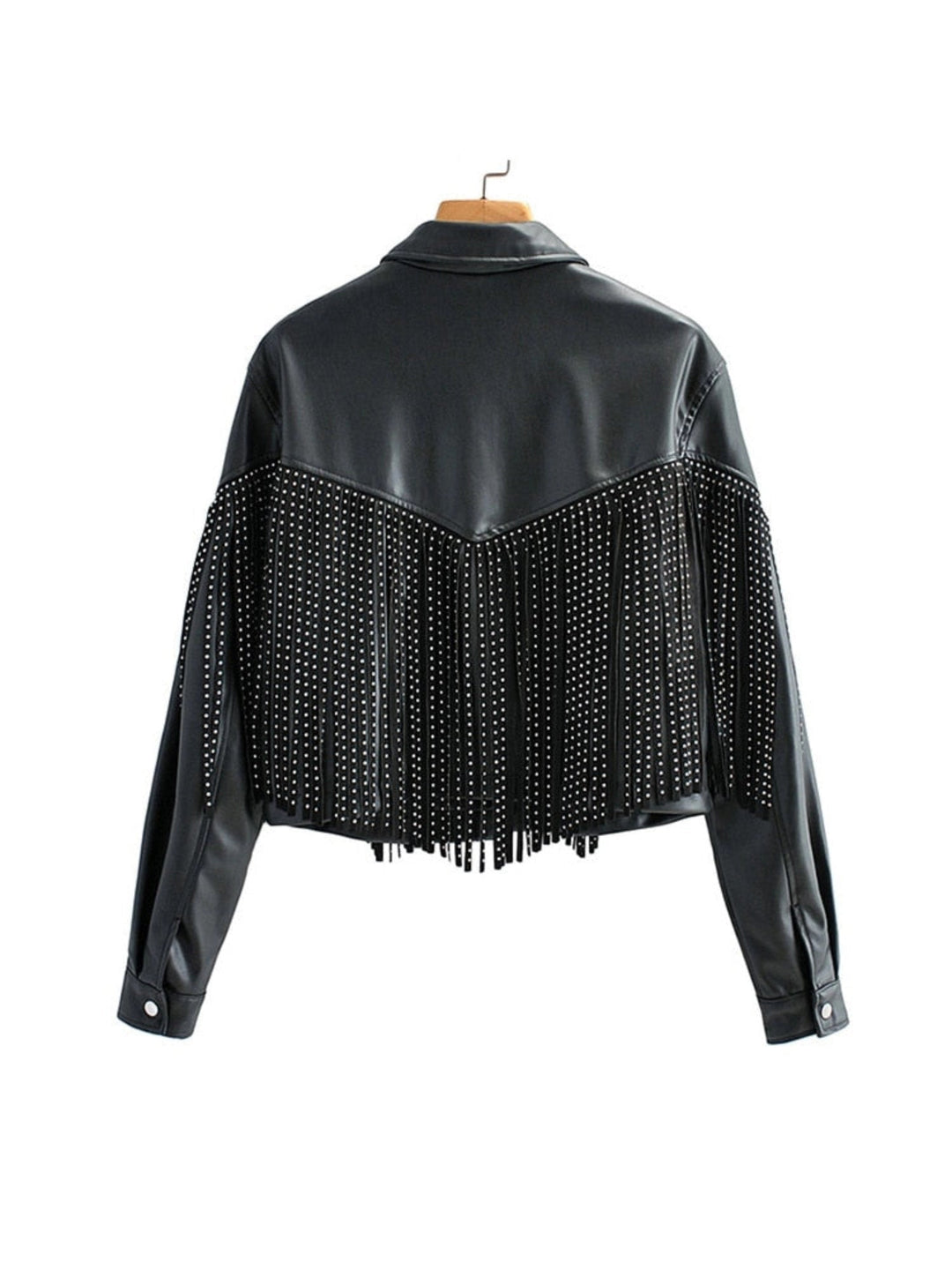 Damen Gekürzte Nieten-Fransen-Bikerjacke | Schwarz