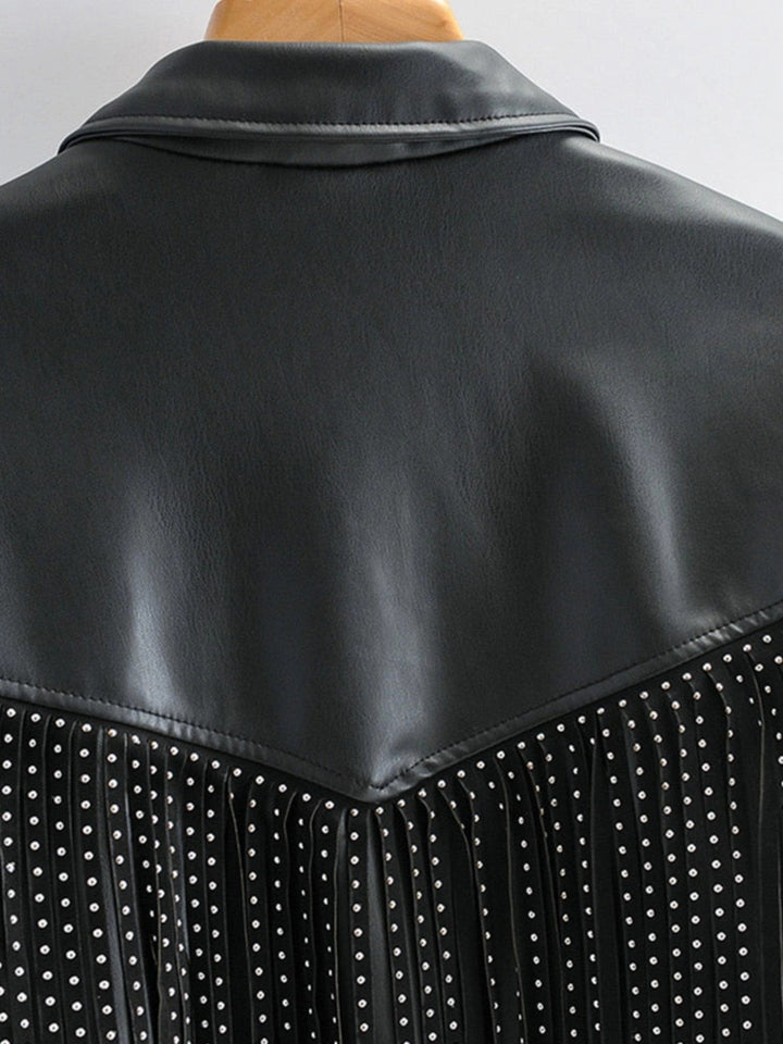 Damen Gekürzte Nieten-Fransen-Bikerjacke | Schwarz