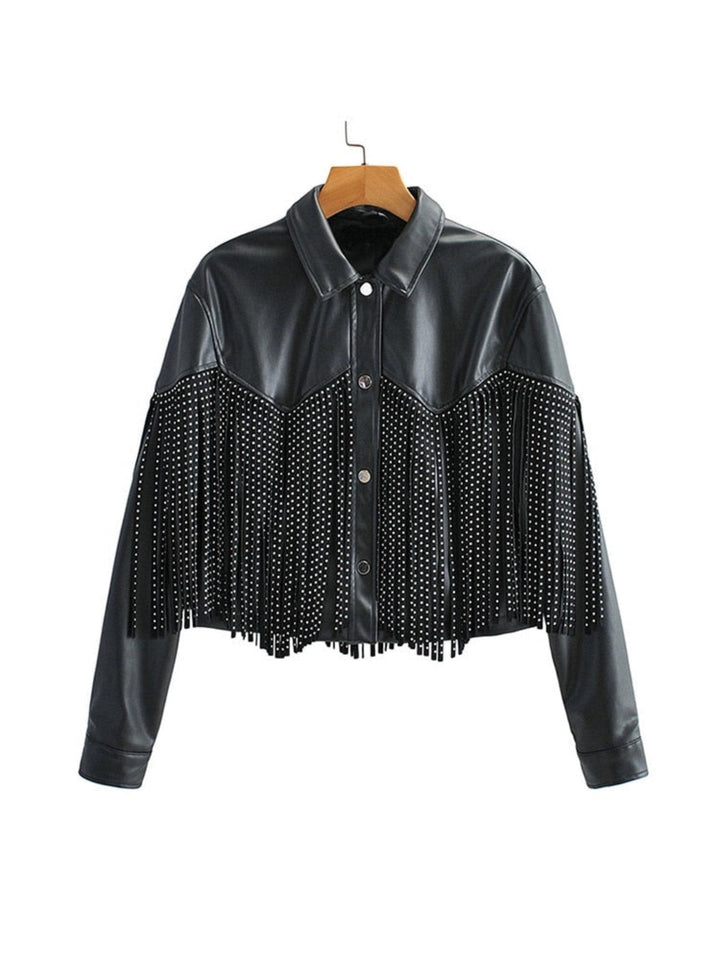 Damen Gekürzte Nieten-Fransen-Bikerjacke | Schwarz