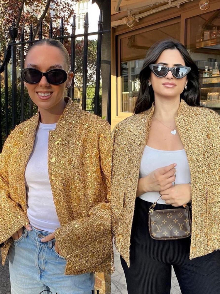 Bomberjacke mit goldenen Pailletten für Damen | Modisch