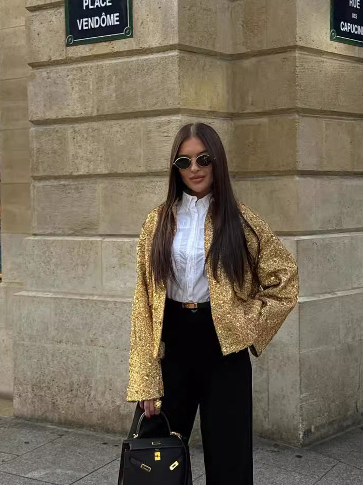 Bomberjacke mit goldenen Pailletten für Damen | Modisch