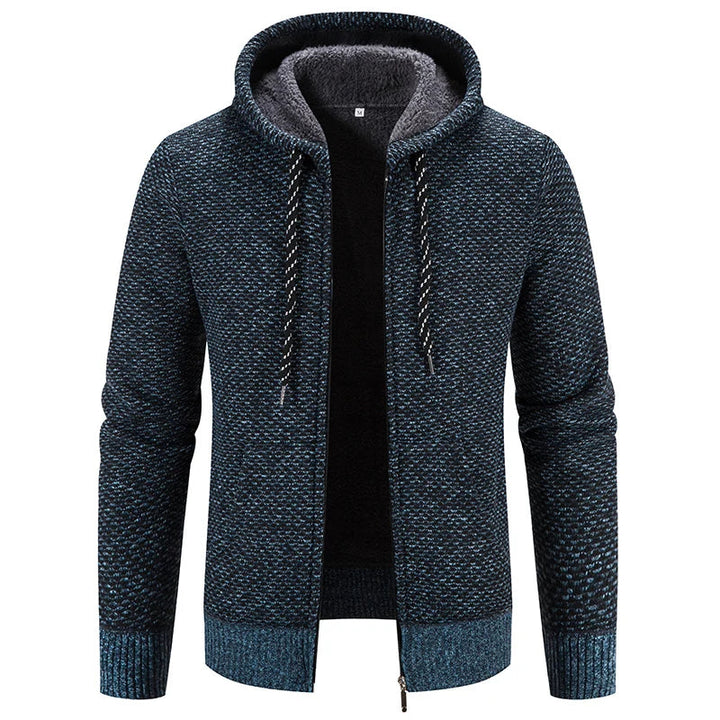 Lässiger, bequemer strickjacke mit kapuze und reißverschluss