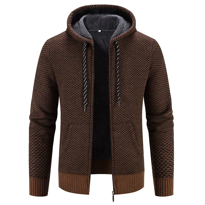 Lässiger, bequemer strickjacke mit kapuze und reißverschluss