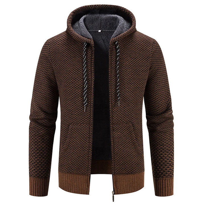 Lässiger, bequemer strickjacke mit kapuze und reißverschluss