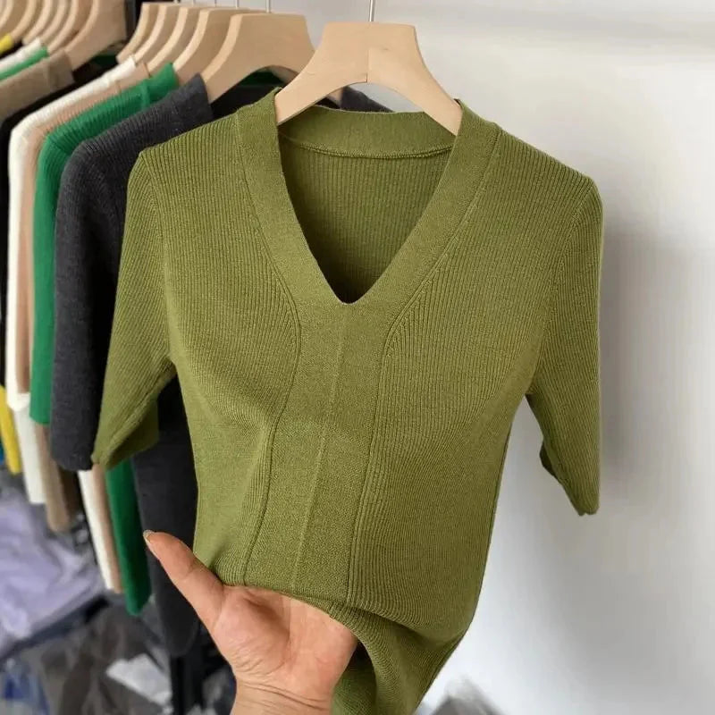 Damen v-ausschnitt kurzarmshirt