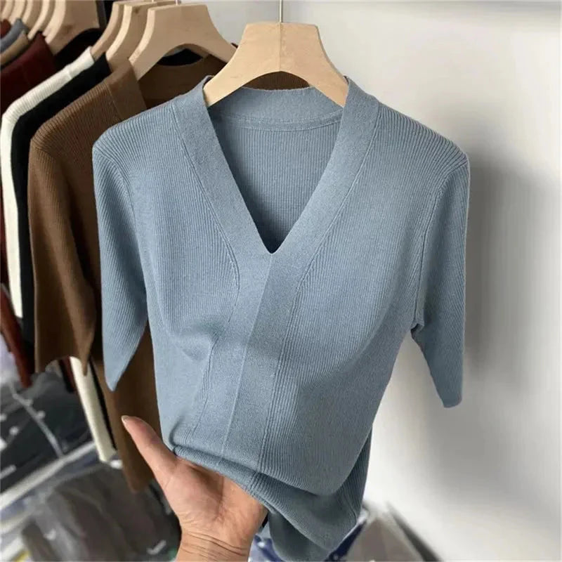 Damen v-ausschnitt kurzarmshirt