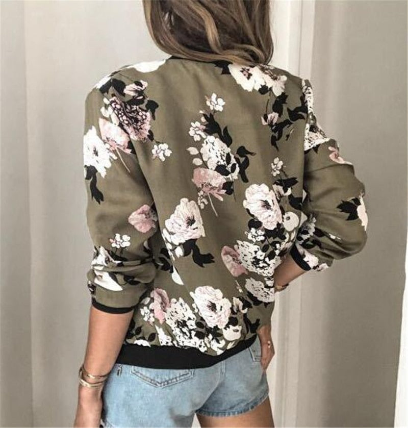 Damen Blumendruck Langarm Jacke | Reißverschluß