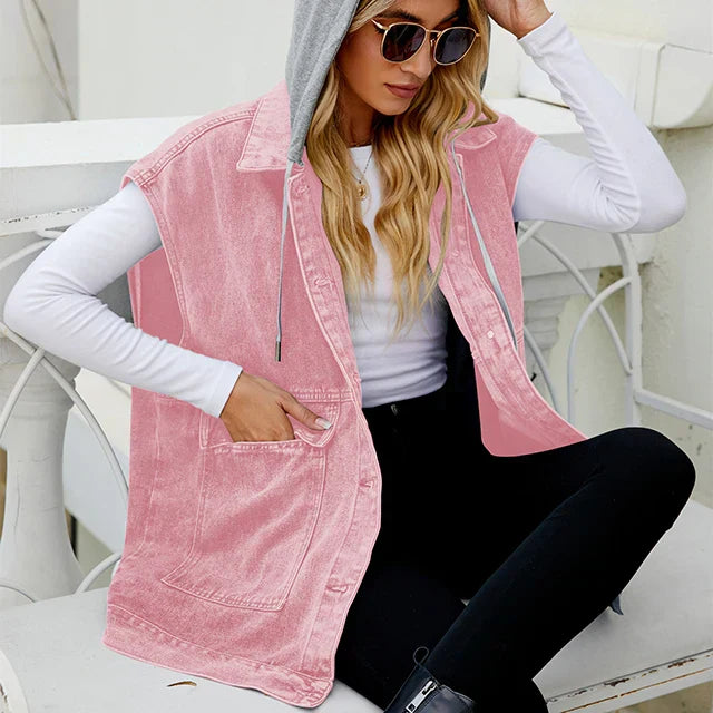Damen Lange Ärmellos Jeansweste | Kapuze