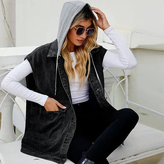 Damen Lange Ärmellos Jeansweste | Kapuze