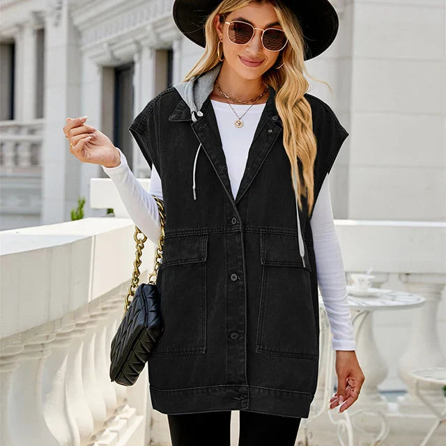 Damen Lange Ärmellos Jeansweste | Kapuze