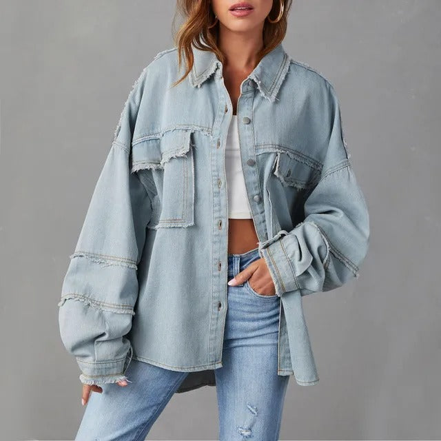 Damen Übergroß Jeansjacke | Knopf Daunen