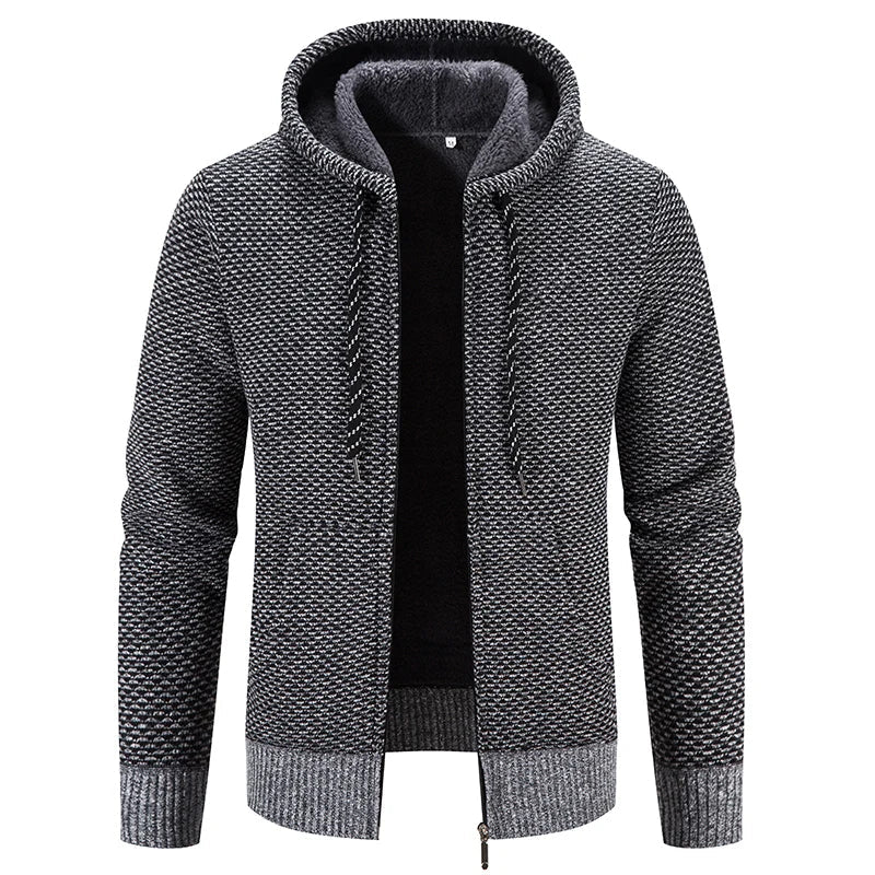 Lässiger, bequemer strickjacke mit kapuze und reißverschluss