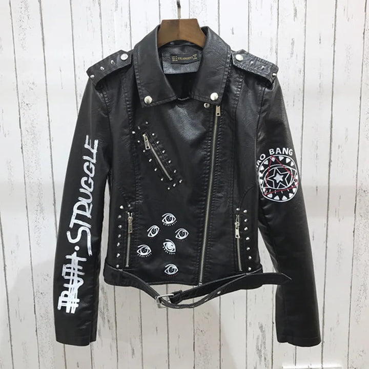 Motorradjacke mit Aufdruck und Nieten für Damen | Trendig