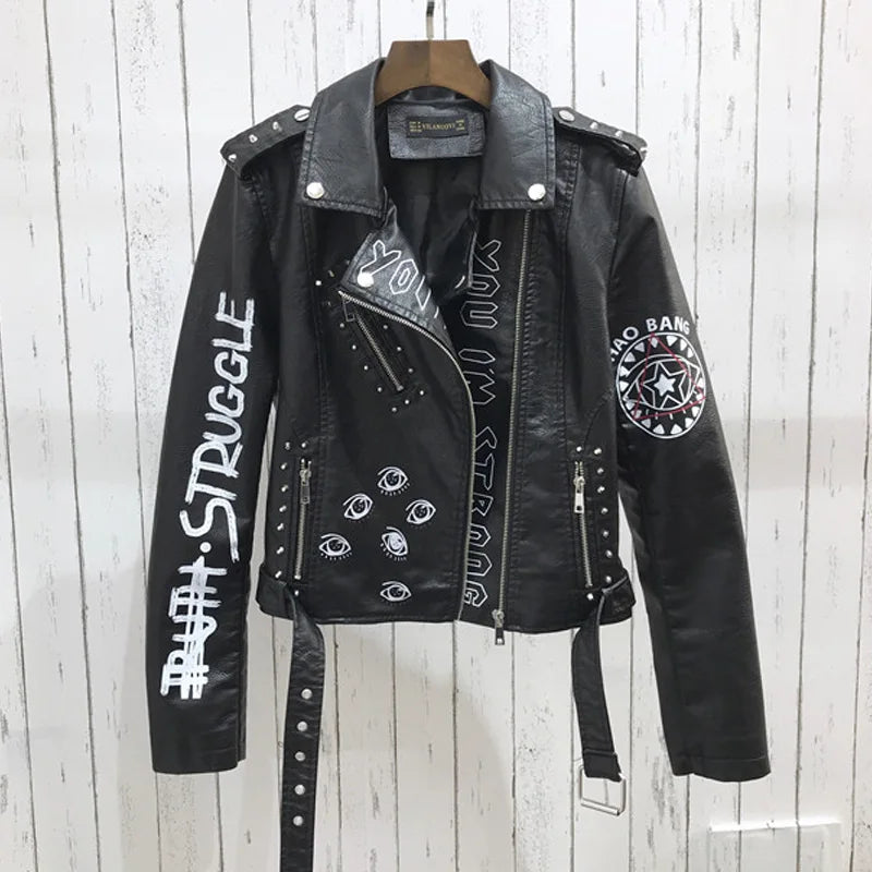 Motorradjacke mit Aufdruck und Nieten für Damen | Trendig