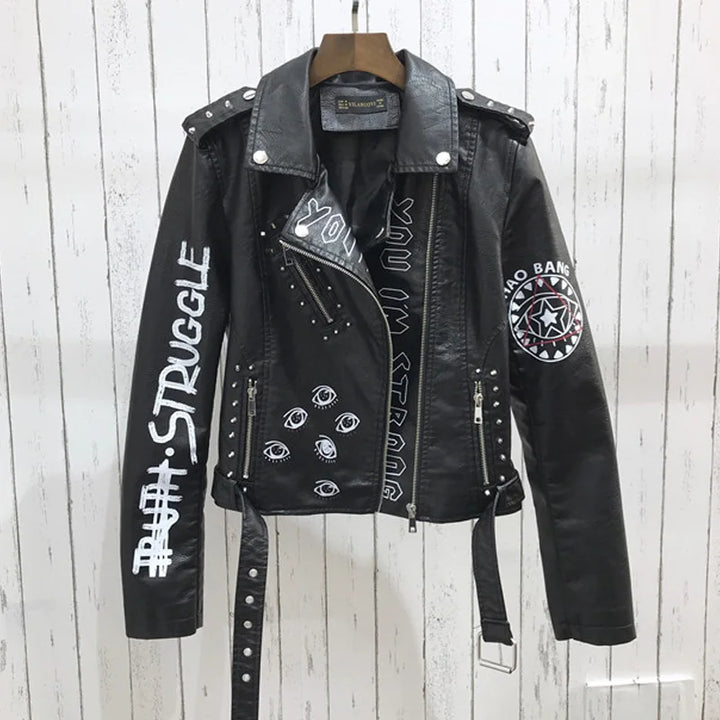 Motorradjacke mit Aufdruck und Nieten für Damen | Trendig
