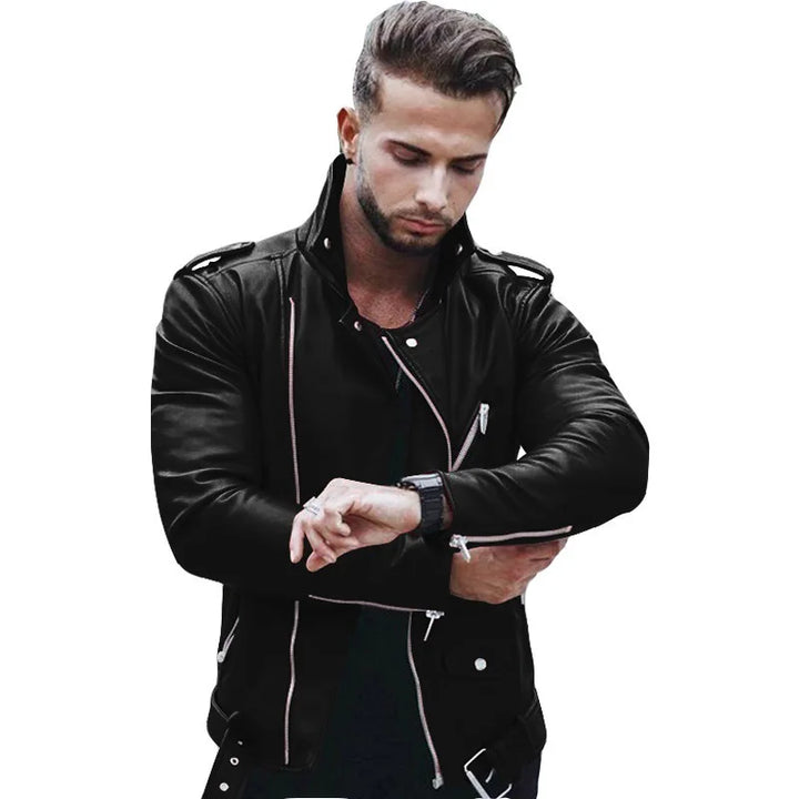 Herren Schlank Passform Bikerjacke mit Reißverschluss | Lässig