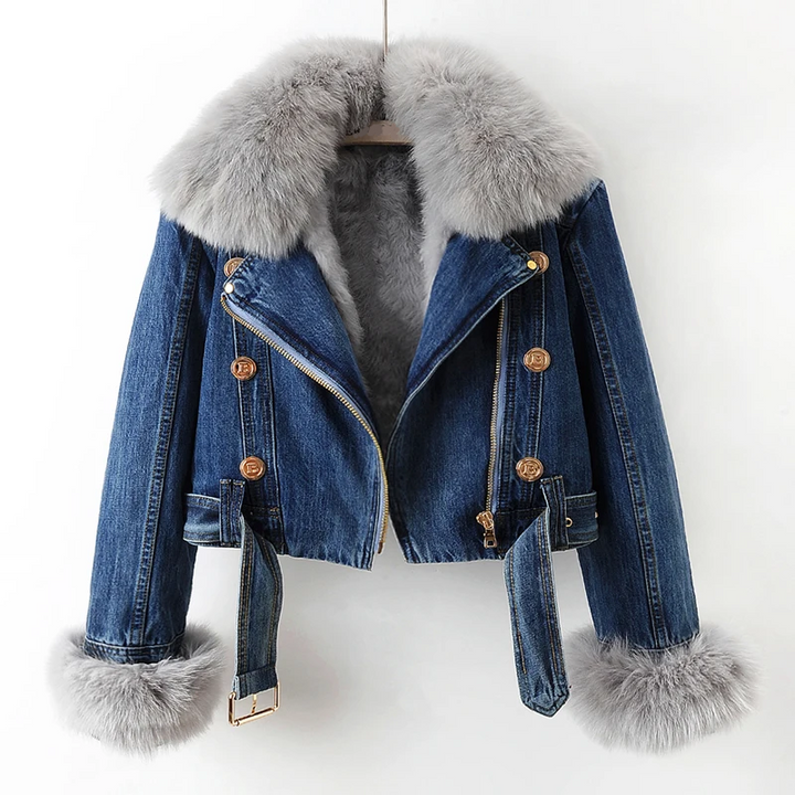 Damen Kurze Jeansjacke mit Reißverschluss | Kapuze