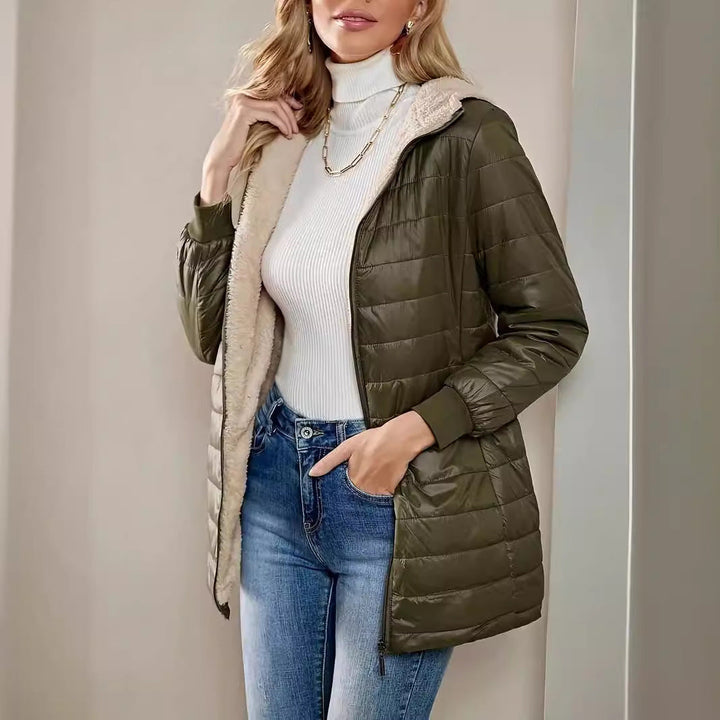Damen Lange Stilvoll Puffer Jacke | Reißverschluß