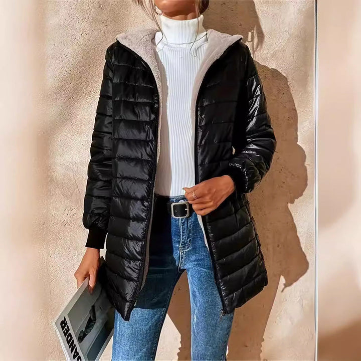 Damen Lange Stilvoll Puffer Jacke | Reißverschluß